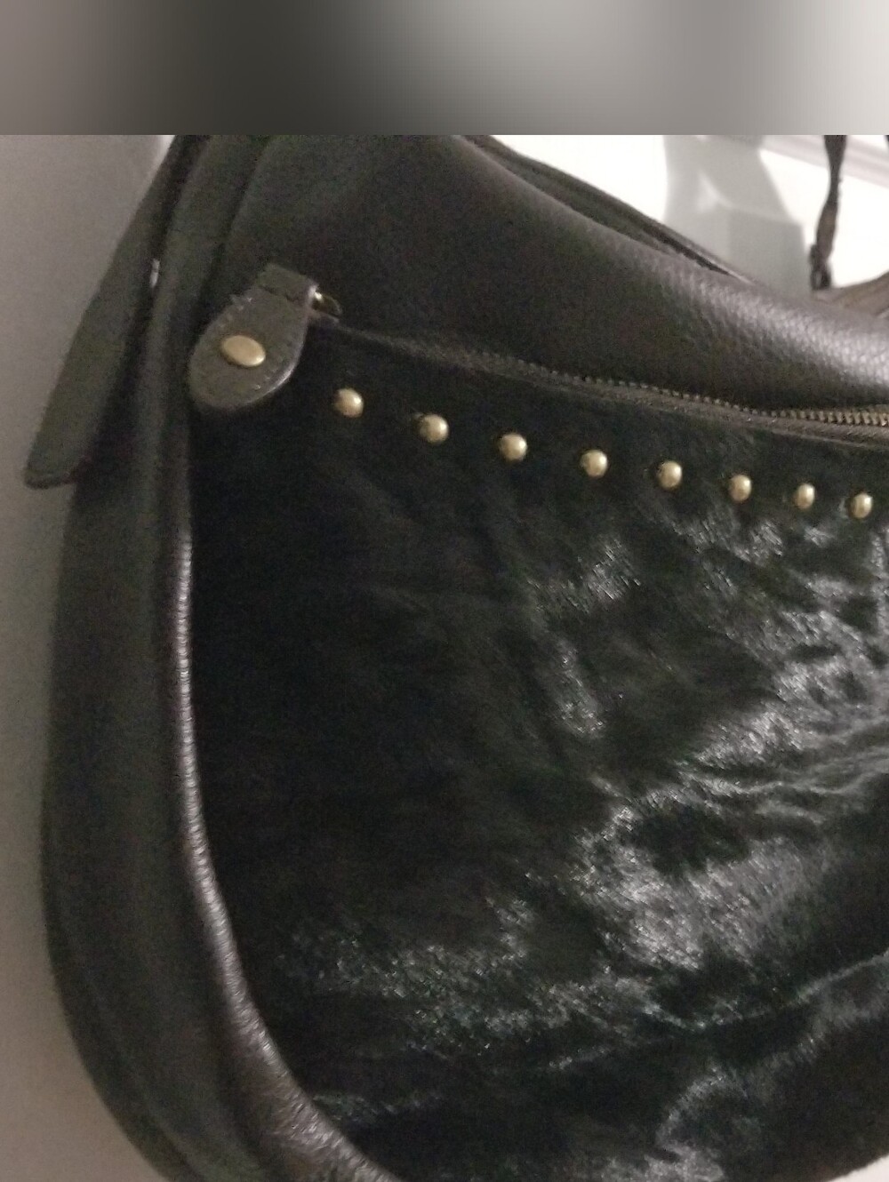 Womens Black Fur and Leather Hobo Shoulder Bag